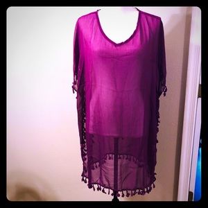 BNWOT purple cover up with color pom pom detail